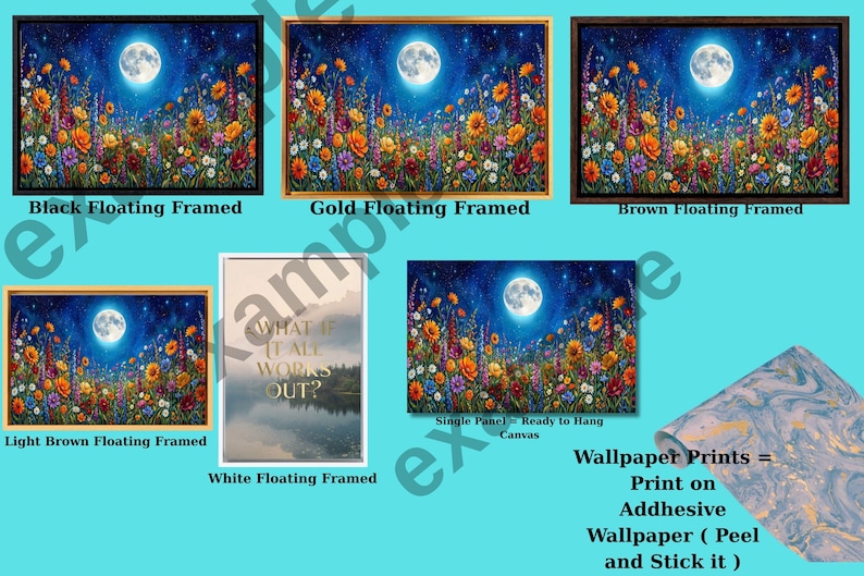 a collection of five framed pictures depicting a night scene with a full moon, flowers, and a starry sky. The pictures are arranged in a grid format, with each row representing a different frame. The frames vary in size and color, showcasing the diversity of the artwork. The text in the image provides information about the different framing options available for the artwork, including the types of frames and their respective sizes.