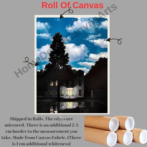 The image is a roll of canvas depicting a house with a blue sky and clouds in the background.