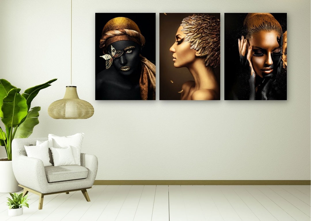 Black Woman Set of 3 Wall Decor, Black African American Woman Canvas ...