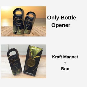 May include: Bottle openers with a black and gold marble design. The text "Olivia Peter 26.01.2023" is printed on the front. The image also shows a kraft magnet and box with a gold seal.