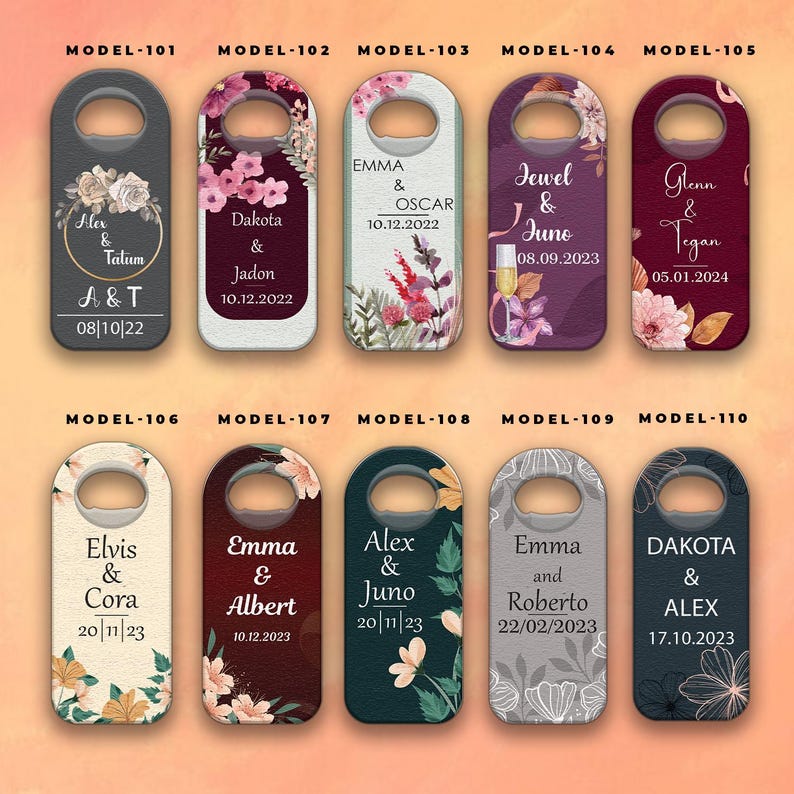 May include: A collection of personalized door hangers with various floral designs and names with dates. Each hanger has a unique color scheme, including burgundy, gray, and teal. The text includes names like Alex & Talum, Dakota & Jadon, and Emma & Oscar.
