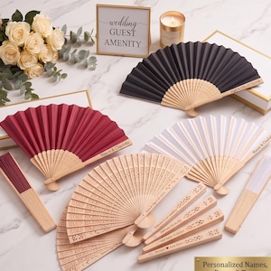 Bulk Wedding Fans set wedding favors, wooden fans  Sandalwood Fan with White Folding Hand Fan Wedding Fans for Guests, Handheld Fans Bulk