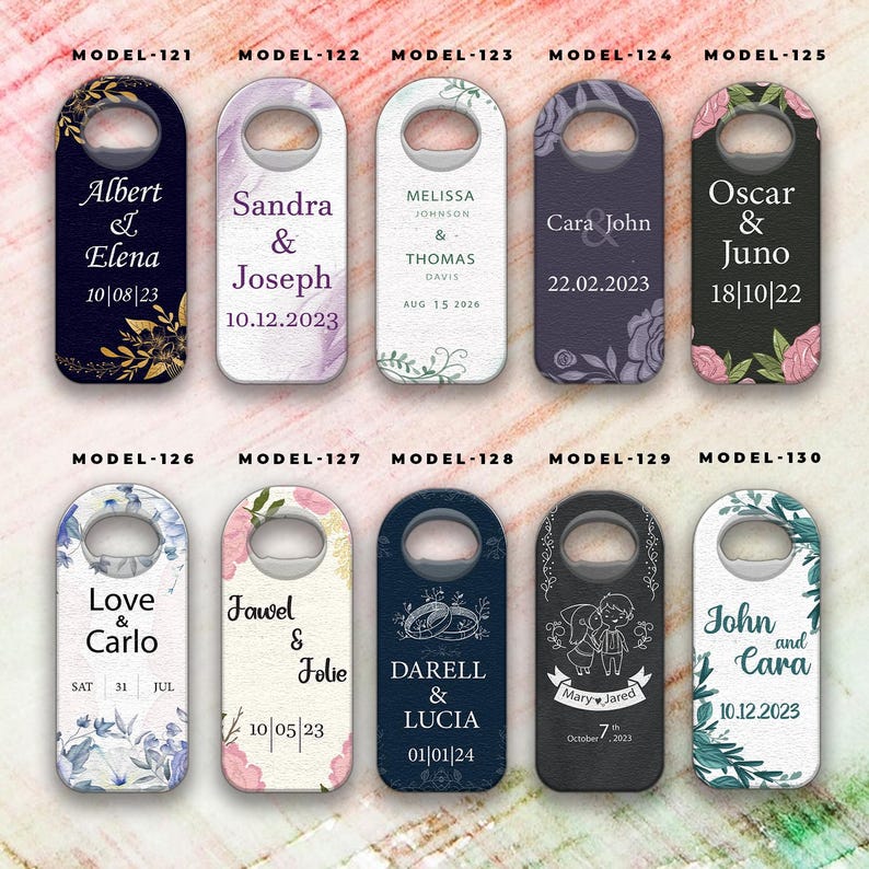 May include: A collection of bottle opener favors with personalized text for weddings. Each opener features a unique design, including floral accents and the names and dates of the couples. The openers are in various colors, including navy, black, and white.