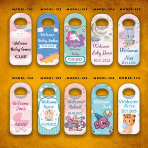 May include: A collection of personalized bottle opener favors with various designs and text. Each opener features a unique illustration, including a unicorn, elephant, and octopus, along with the text "Welcome" and a name and date.