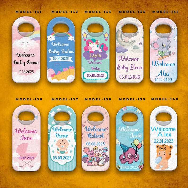 May include: A collection of personalized bottle opener favors with various designs and text. Each opener features a unique illustration, including a unicorn, elephant, and octopus, along with the text "Welcome" and a name and date.
