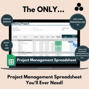 May include: A laptop computer screen displaying a project management spreadsheet template. The template is titled "[Name] Project" and includes columns for task title, start date, due date, duration, and percent of task complete. The spreadsheet is designed to be easy to use and customizable.