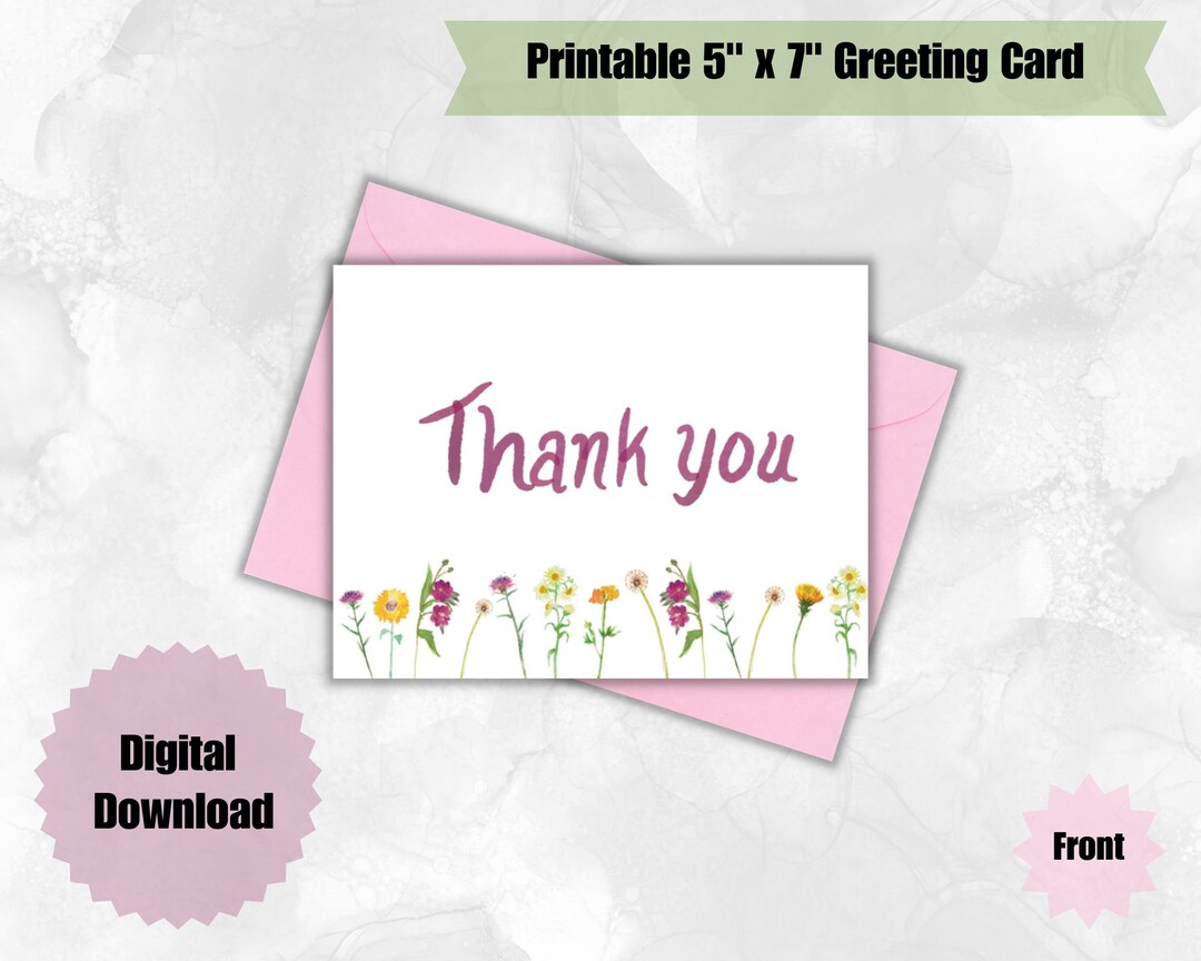 Digital Watercolor Thank You Card (wild Flowers) - 5" X 7" Greeting ...