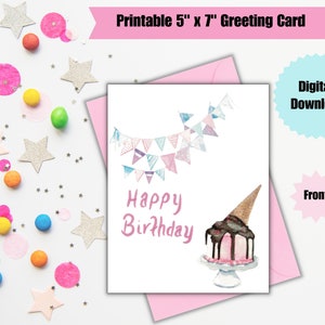 Digital Watercolor Birthday Card (Cake and Balloons) - 5" x 7" Greeting Card Size