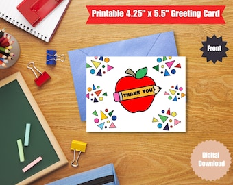 Carte de remerciement pour enseignant - 4,25 x 5,5 po., taille de carte de voeux, merci, cadeau pour enseignant, cadeau pour mentor, aquarelle, imprimable, pomme