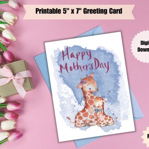 Digital Mothers Day Card - 5&quot; x 7&quot; Greeting Card Size, Watercolor, Printable Card, Mommy and Me, Giraffe Mom and Baby, Happy Mother&#39;s Day