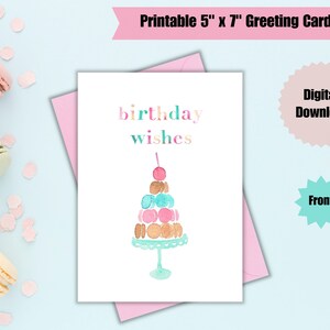 Digital Watercolor Birthday Card (Macarons) - 5&quot; x 7&quot; Greeting Card Size, Macaron Cake, Birthday Wishes, Printable Card
