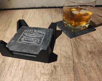 Set of 4 square laser-engraved slate coasters with stand