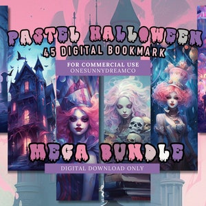 Op de afbeelding: Een digitale kunst mega bundel van 45 pastel Halloween bladwijzers. De bladwijzers bevatten gotische illustraties van spookhuizen, spookachtige figuren en portretten van vrouwen met roze haar en schedels. Tekst bevat "Pastel Halloween" en "Mega Bundle".