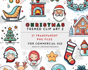 May include: A collection of Christmas-themed clip art in a cartoon style. The image includes a variety of festive elements such as Santa Claus, a Christmas tree, a gingerbread man, a wreath, a snowman, and a gift box. Text reads "CHRISTMAS THEMED CLIP ART 2".