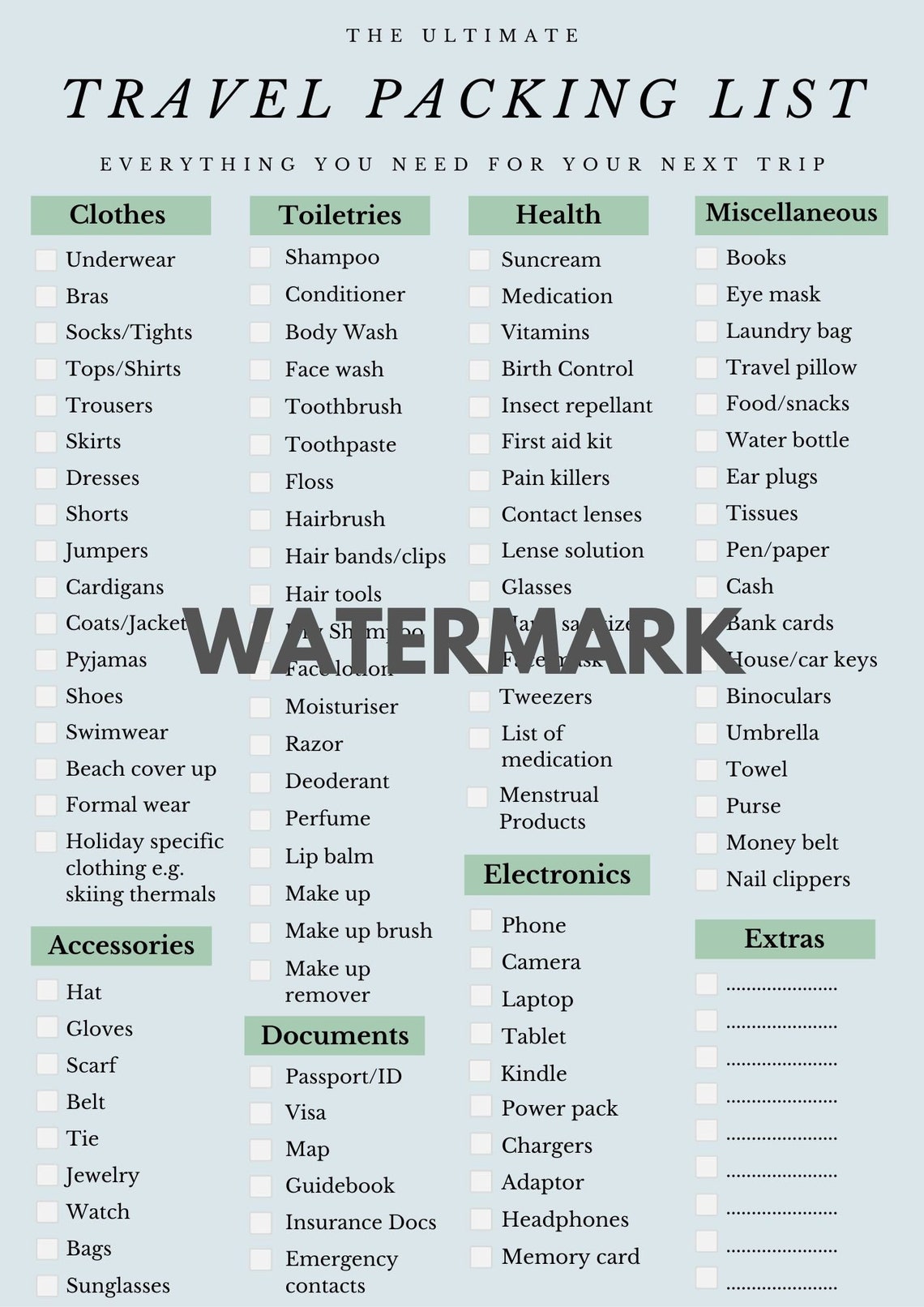 Ultimate Travel Packing List - Printable - Etsy
