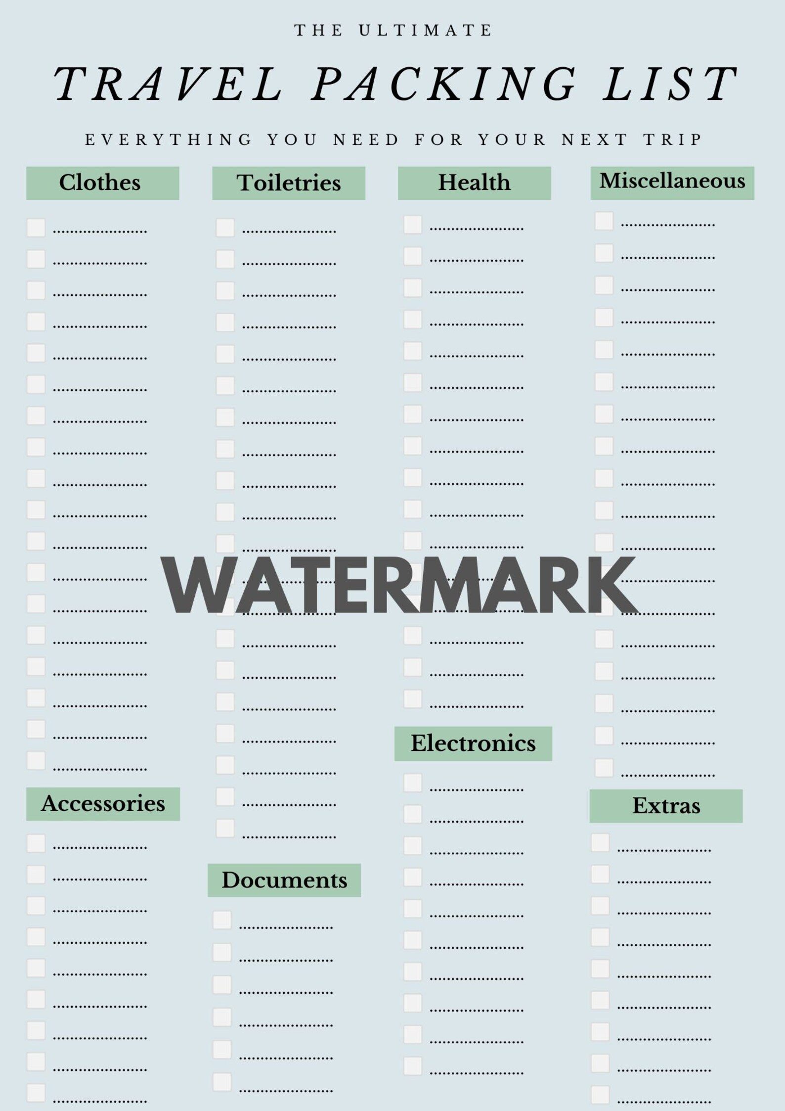 Ultimate Travel Packing List - Printable - Etsy