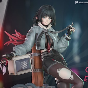 May include: A detailed figurine of a female character with short black hair, wearing a light blue jacket, black shorts, and ripped leggings. The figure is posed with a confident expression, holding a cigarette. The background is a studio setting with the name "JANE DOE" in pink.