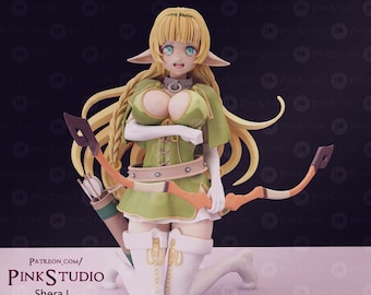 May include: A figurine of a female elf with long blonde hair, pointed ears, and blue eyes. She wears a green and white outfit, holding a bow and arrow. The figurine is kneeling, with text at the bottom that reads "PATREON.COM/PINKSTUDIO".