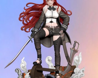 May include: A detailed figurine of a female warrior with long red hair, wearing a black coat, white top, and black shorts. She holds a sword and stands on a broken wooden structure, with a second sword at her side. The figure is set against a gradient background.