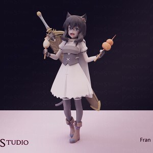 May include: A figurine of a character with cat ears, wearing a white dress and holding skewers of food. A large sword and shield are behind the character. The figurine is labeled "Fran" and "Pink Studio".
