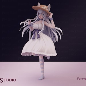 May include: A figurine of a character with long white hair, wearing a white dress, a straw hat, and light blue leg wraps. The figurine has a cheerful expression. The text "PINKSTUDIO" and "Fenrys" are visible.