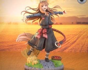 May include: A detailed figurine of a character with long, flowing auburn hair, fox ears, and a tail. The figure wears a dark coat with red accents and holds an apple. The base features wheat, a stone path, and a basket of apples. The background is a sunset.
