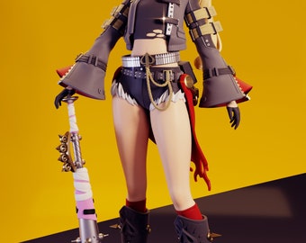 Può includere: Una statuina dettagliata della "Zenless Zone Zero Collection" di Gray World Corporation. La figura è di un personaggio femminile in un abito di ispirazione militare, che tiene in mano una mazza chiodata. La figura ha i capelli biondi, gli occhi rossi e un respiratore rosso. L'abito è nero con accenti dorati.