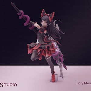 May include: A detailed figurine of Rory Mercury, a character from the anime series. The figure is dressed in a black and red outfit, holding a staff with a purple serpent design. The figure is posed dynamically, with the Pink Studio logo visible.