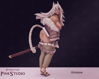 May include: A detailed figurine of a character with white hair and animal ears, wearing a pink top, brown jacket, and khaki pants. The figure has a tail and is holding a sword. The text "PATREON.COM/PINKSTUDIO" and "Ghislaine" are visible.
