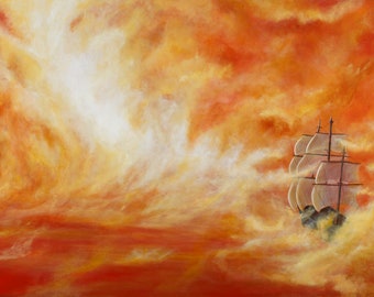 Return // Ship Fire Sailboat Orange Ocean Wall Art Print