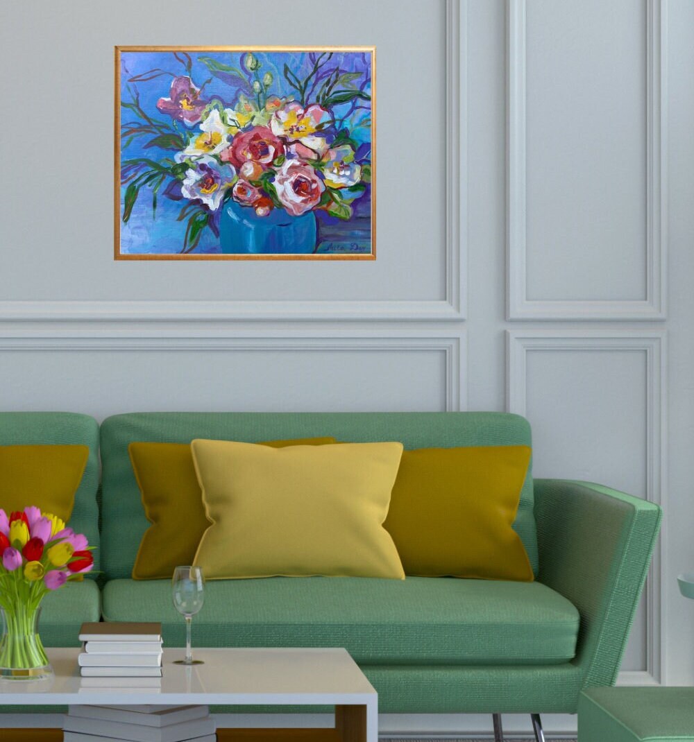 Hndmade Flowers Painting Original Modern Art Blue Painting Bedrom Home