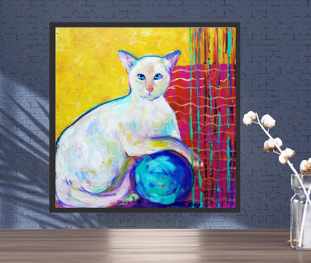 Handmade Acrylic Painting Original Art White Cat Painting With a Cat