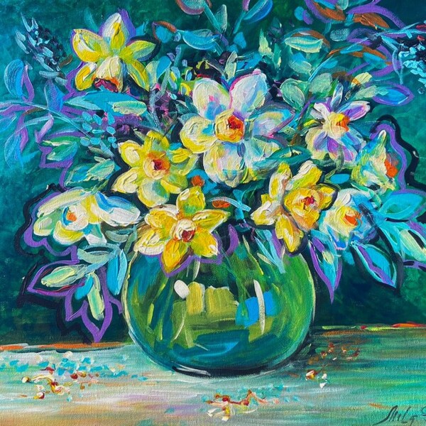 Handmade flowers painting Still life with daffodils Original painting Botanic art Flowers acrylic painting Joyful painting Wall art