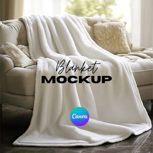 Modelo de mockup de sofá de cobertor Canva, mockup de cobertor, cobertor Minky, arrastar e soltar Canva, sobreposição PNG Canva, mockup transparente Printify em branco