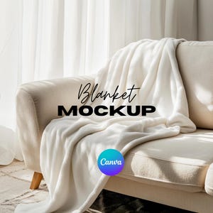 Modelo de mockup de sofá de cobertor Canva, mockup de cobertor, cobertor Minky, arrastar e soltar Canva, sobreposição PNG Canva, mockup transparente Printify em branco