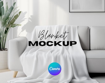 May include: White blanket draped over a gray couch with the text "Blanket MOCKUP" and the Canva logo.
