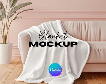 May include: White blanket draped over a light pink sofa with the text "Blanket MOCKUP" and the Canva logo.