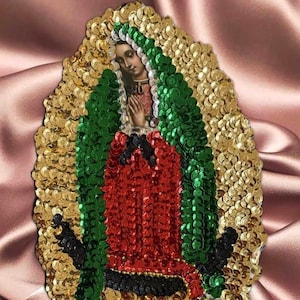 Virgin de Guadalupe 3 Rose Sequin Patch: Religious Applique (13 x 6 in)