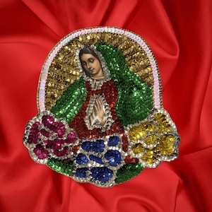 Virgin Mary 3 Rose Sequin Patch, Religious Sequins Patch,, Virgen de Guadalupe, Guadalupana, Applique, Sew On, Catholic, Glue On, Lentejuela