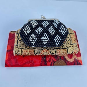 Monedero vintage con cuentas, estuche de cuero para gafas, chequera de vinilo con diseño floral de los años 80, juego de 3 artículos esenciales para el bolso