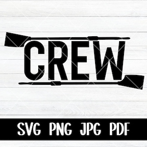Peut inclure: Conception graphique en noir et blanc du mot "CREW" avec deux rames de chaque côté du mot.