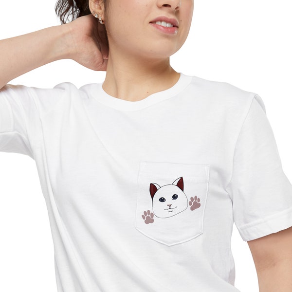 Cute white Kitty Face Pocket Tee - handmade design cat mom shirt,kitten lover gift idea,unique cat lady funny t-shirt,pet owner, kawaii paws