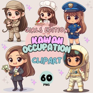 Imágenes prediseñadas de ocupaciones de chicas kawaii / Elementos esenciales para maestros / Iconos de trabajos lindos / 60 archivos PNG / Descarga digital instantánea / Uso comercial
