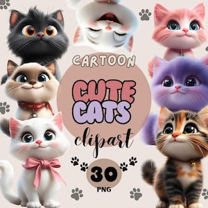 Paquete de imágenes prediseñadas de dibujos animados de gatos lindos / Iconos lindos / 30 archivos PNG 300 DPI / Descarga digital instantánea / Uso comercial