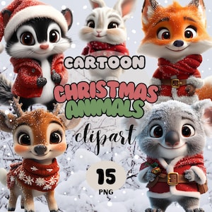 Cartoon Christmas Animals Clipart Bundle | Cute Animals Images | 15 PNG Files 300 DPI | Instant Digital Download | Commercial use