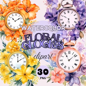 Watercolor Floral Clocks Clipart Bundle | Elegant Clocks with Flowers Frame | 30 PNG Files | Instant Digital Download | Commercial use