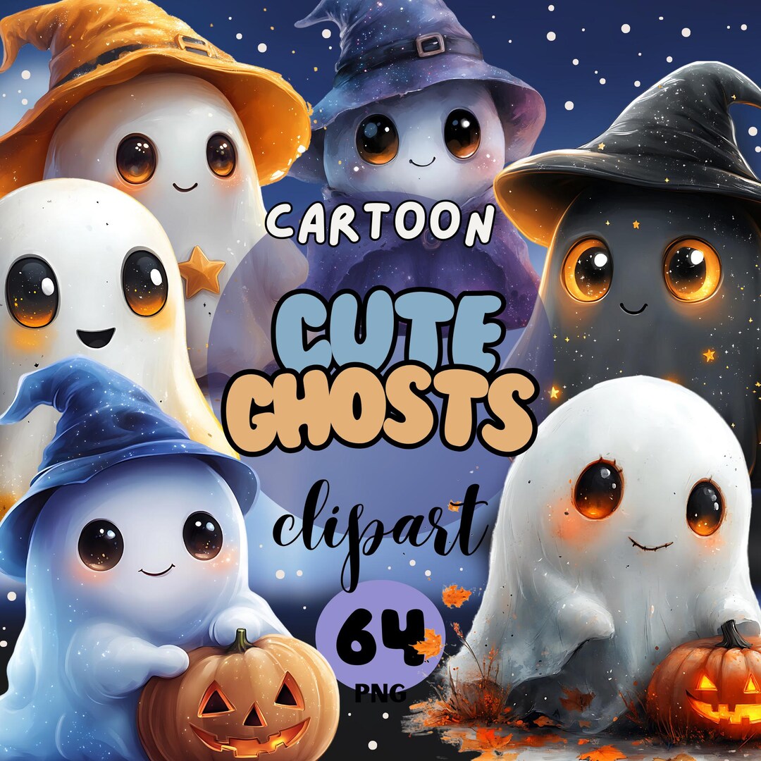 Halloween Cute Ghosts Clipart Bundle | Watercolor Decoration | 64 PNG ...