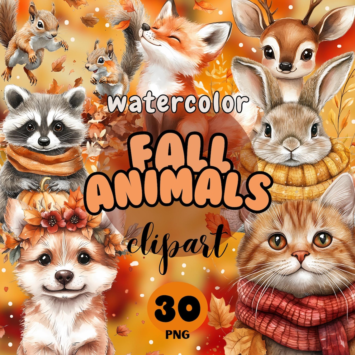 Fall Animals Watercolor Clipart: Autumn PNG Images (commercial Use ...