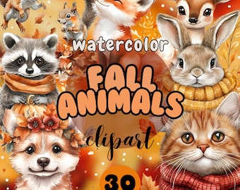 Fall Animals Watercolor Clipart: Autumn PNG Images (Commercial Use, Digital Download)