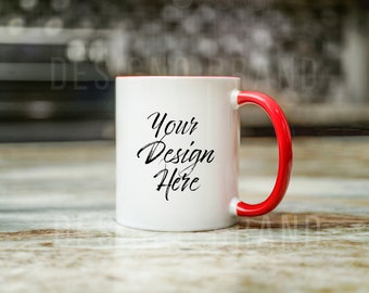 RED & WHITE Two Tone Coffee Mug Mockup, 11 oz Mug Mockup, Mug Mockup, Mug Stock Photo, Coffee Mug Mockup, Blank Mug Mockup POD